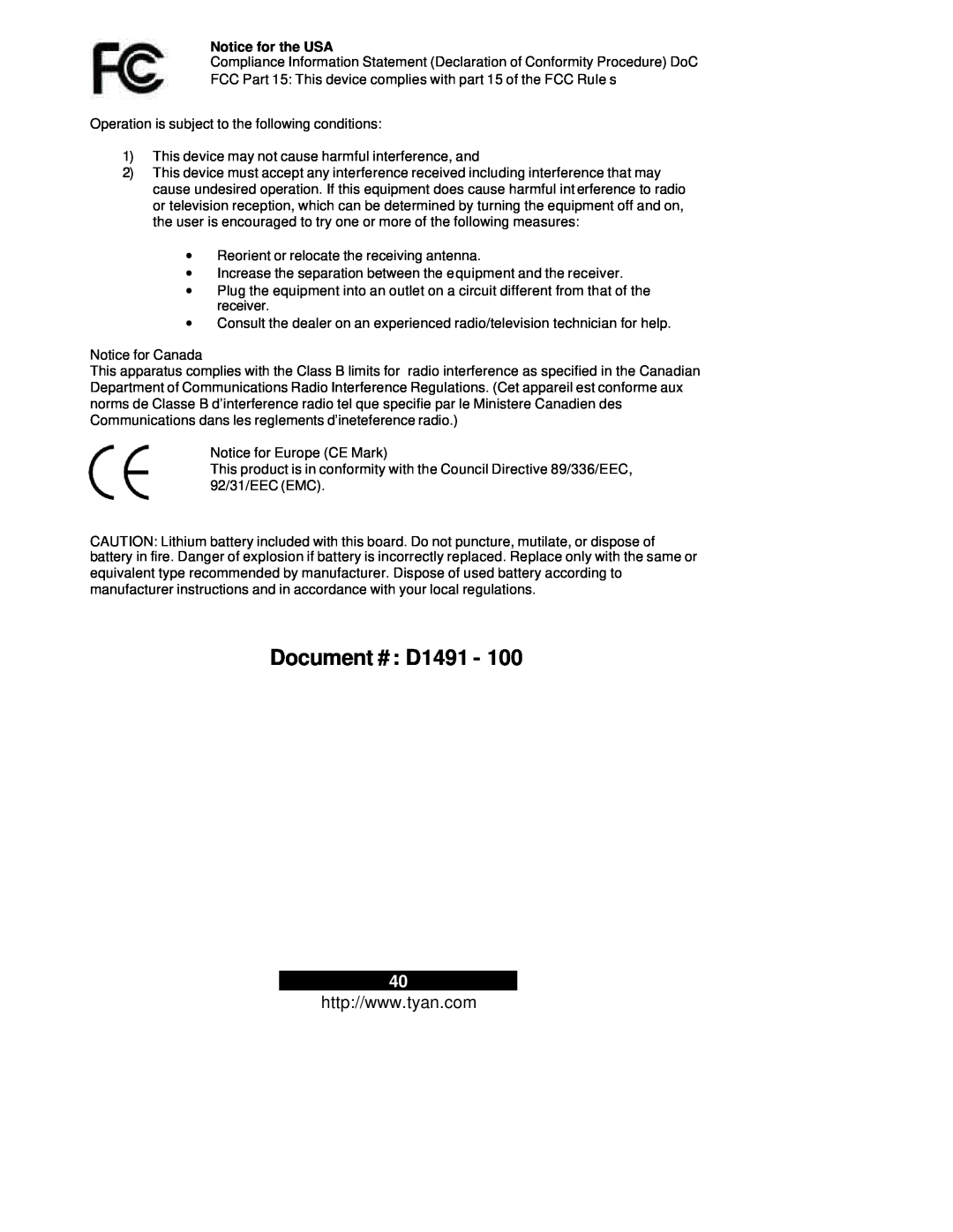 Tyan Computer S2665, Thunder i7505 warranty Document # D1491, Notice for the USA 