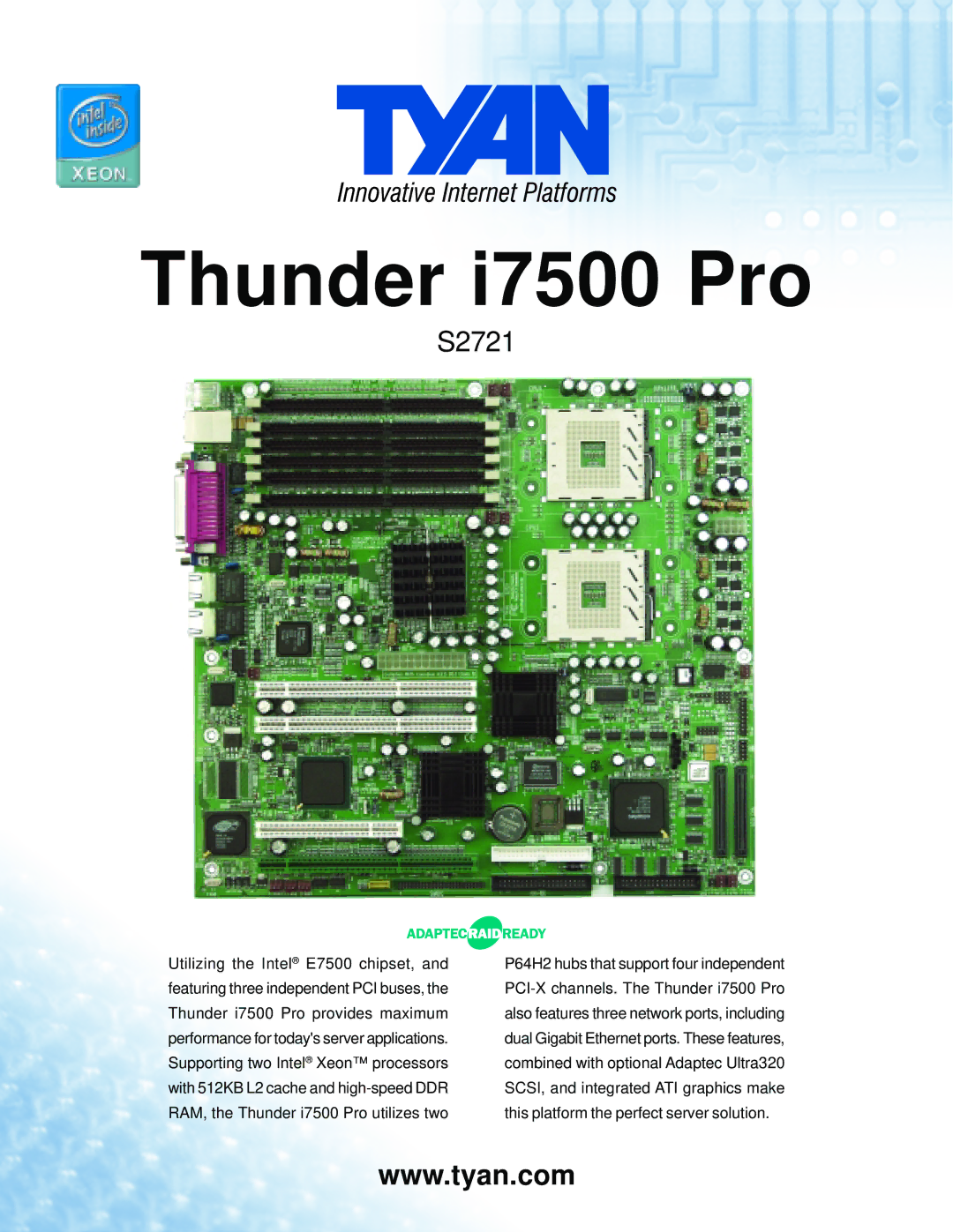 Tyan Computer S2721 manual Thunder i7500 Pro 