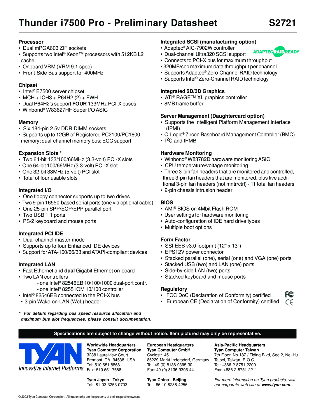 Tyan Computer S2721 manual Processor, Chipset, Memory, Expansion Slots, Integrated I/O, Integrated PCI IDE, Integrated LAN 