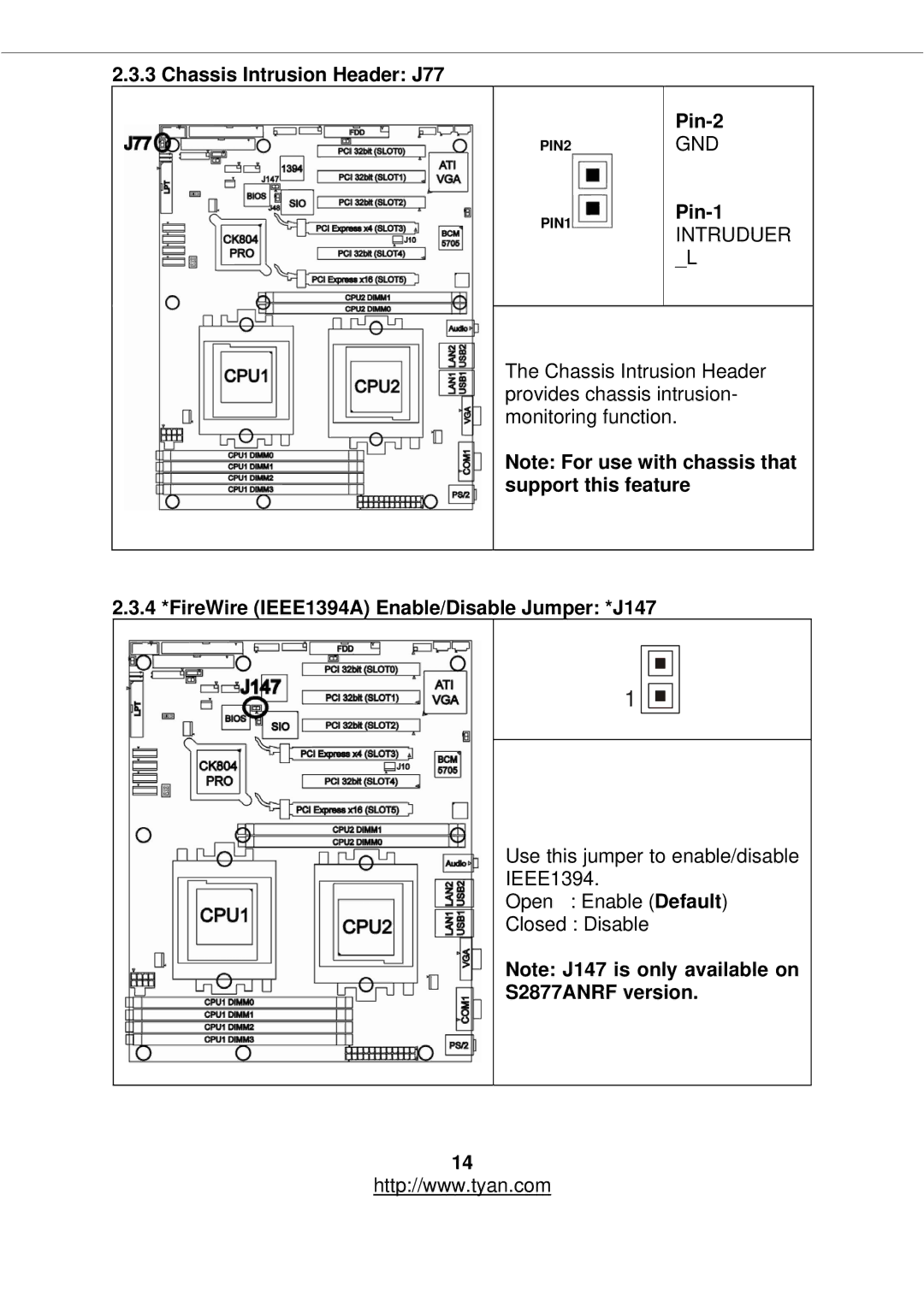 Tyan Computer S2877 warranty Chassis Intrusion Header J77, Pin-2, Pin-1, 4 *FireWire IEEE1394A Enable/Disable Jumper *J147 