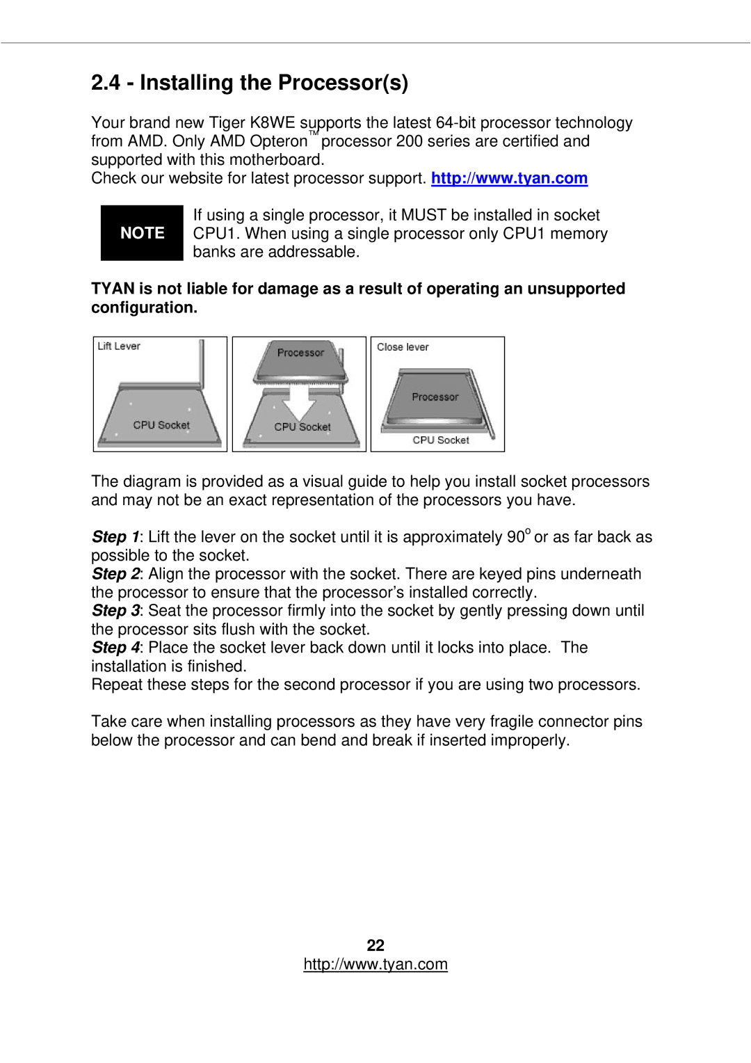 Tyan Computer S2877 warranty Installing the Processors 