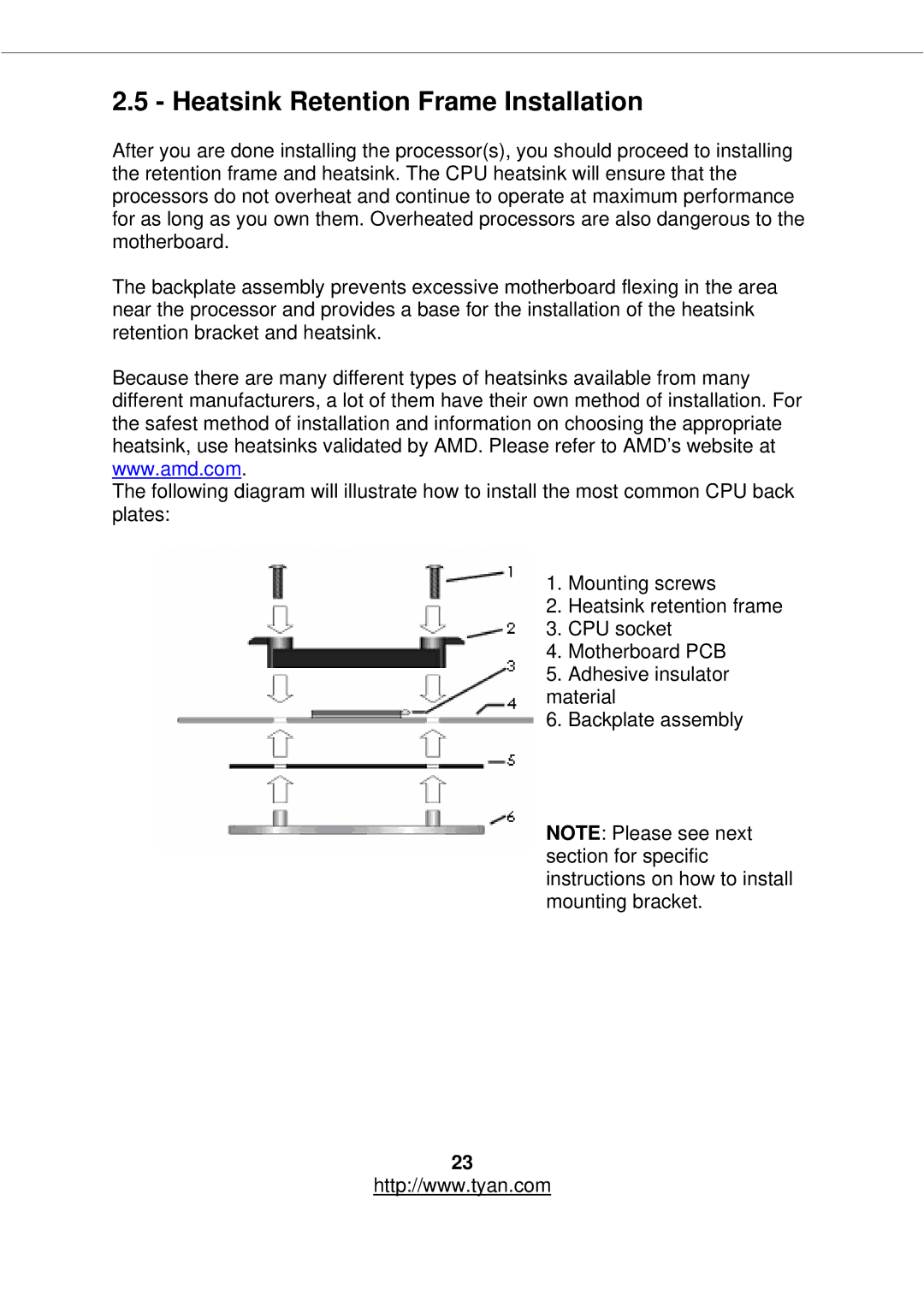 Tyan Computer S2877 warranty Heatsink Retention Frame Installation 