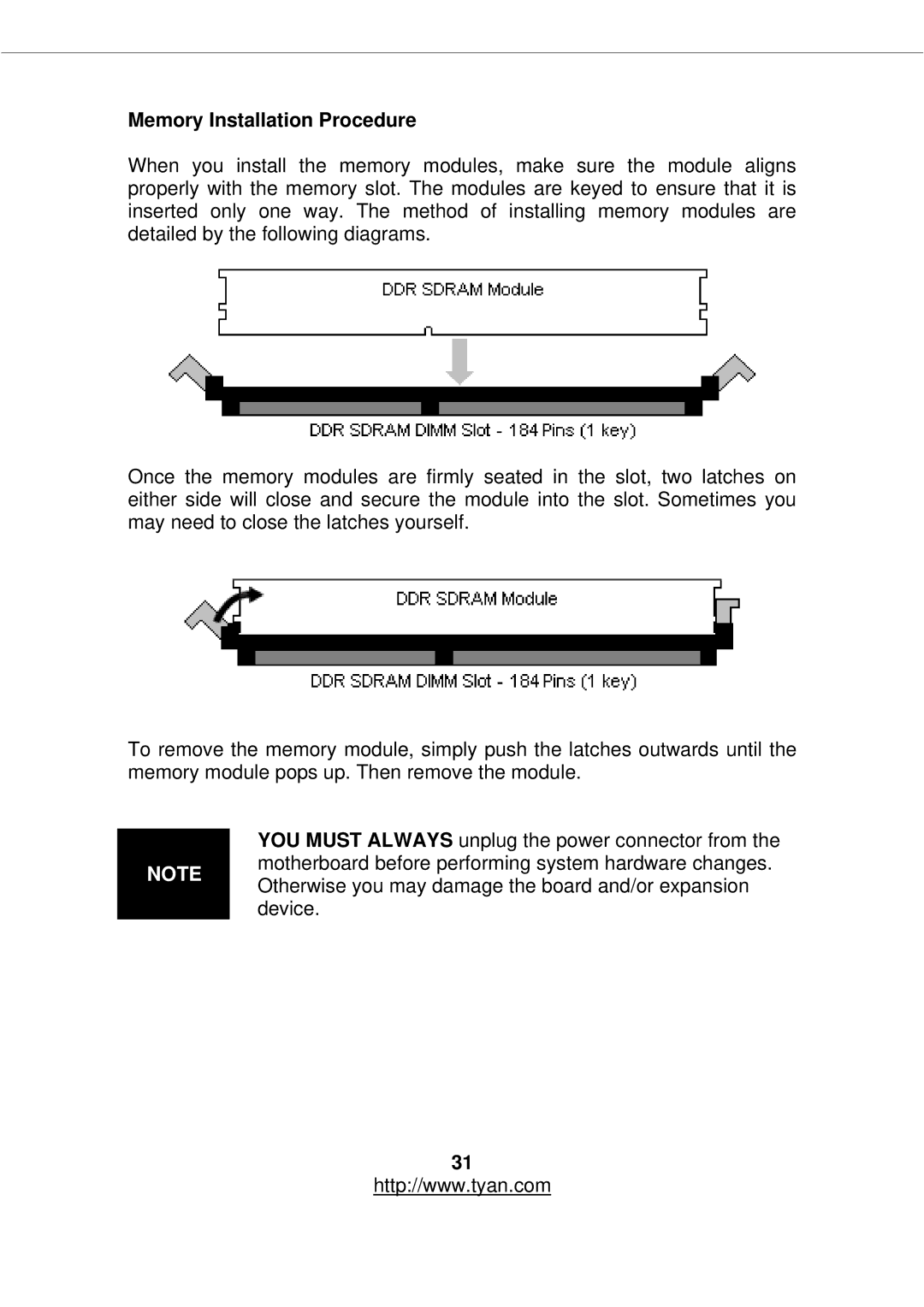 Tyan Computer S2877 warranty Memory Installation Procedure 