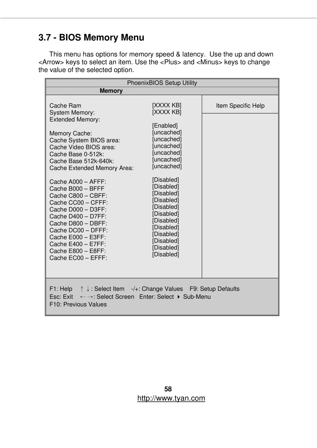 Tyan Computer S2877 warranty Bios Memory Menu 