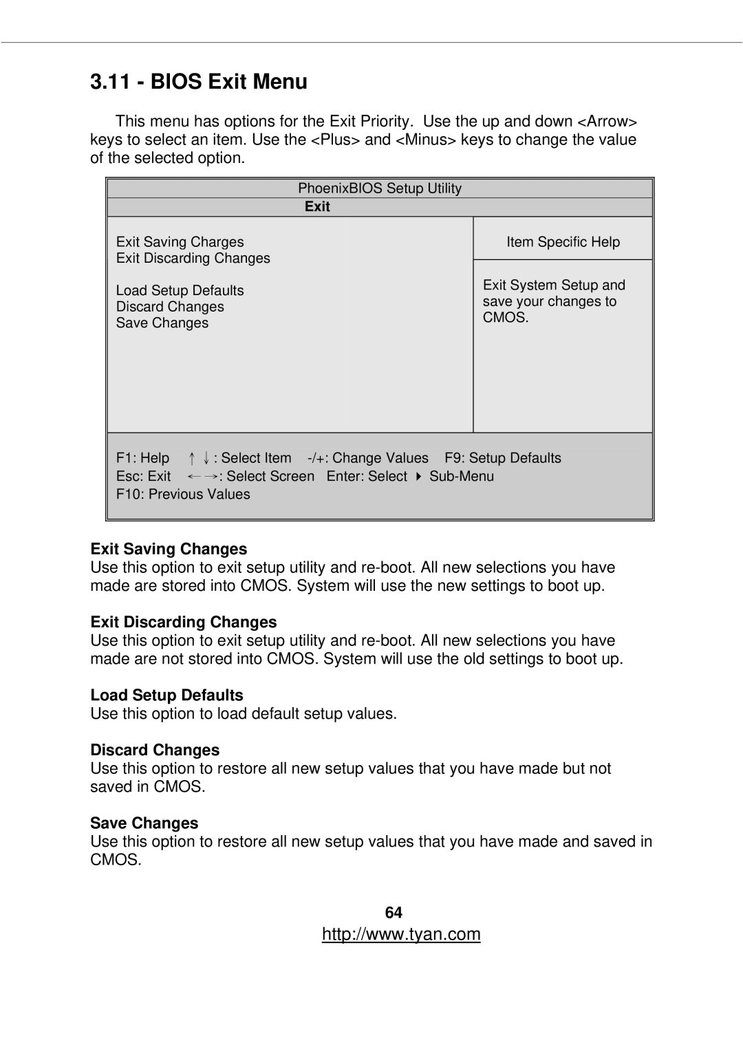 Tyan Computer S2877 warranty Bios Exit Menu 