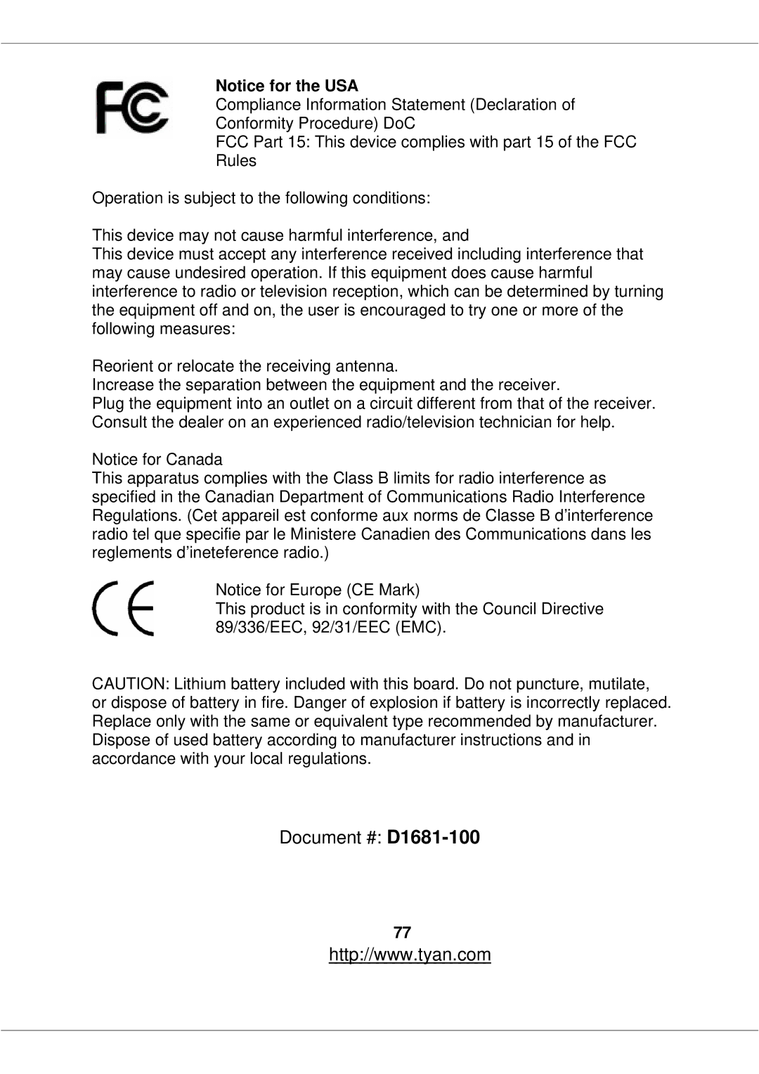 Tyan Computer S2877 warranty Document # D1681-100 