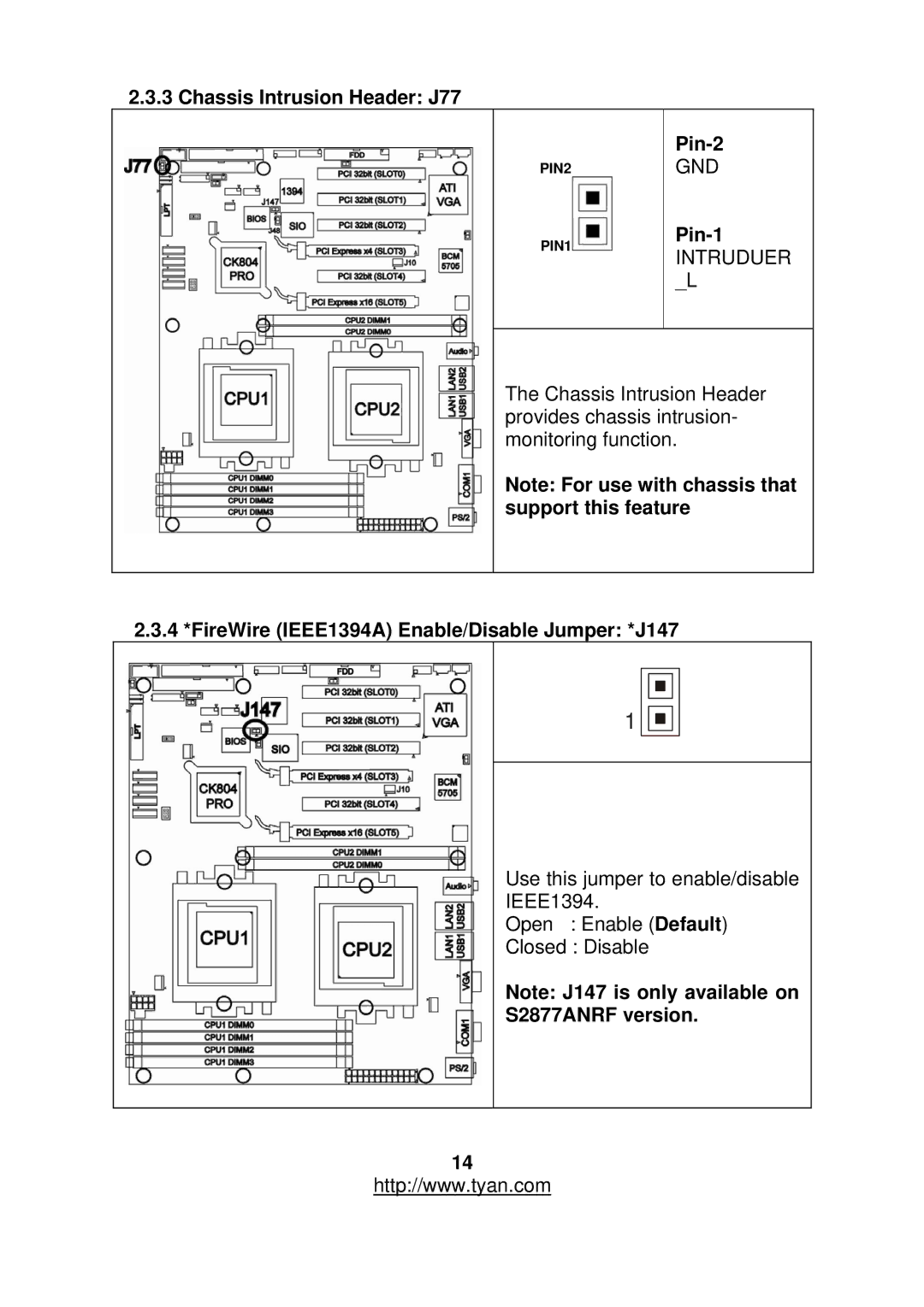 Tyan Computer S2877 warranty Chassis Intrusion Header J77, Pin-2, Pin-1, 4 *FireWire IEEE1394A Enable/Disable Jumper *J147 