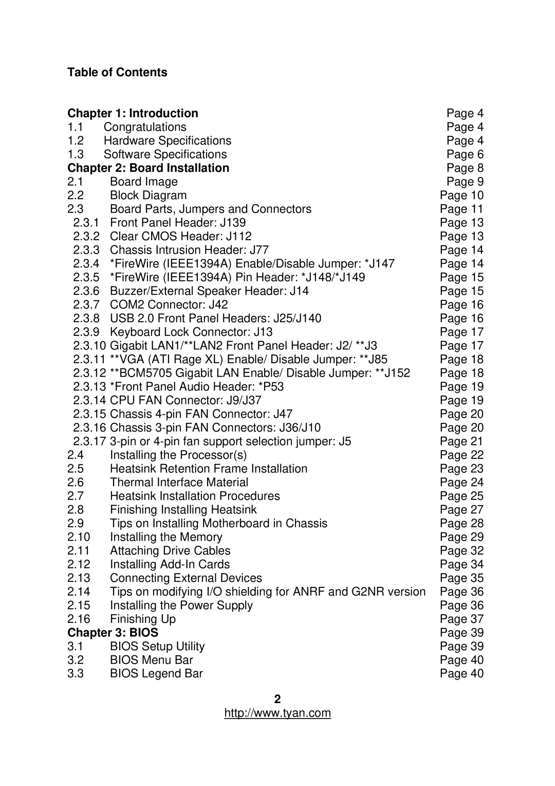 Tyan Computer S2877 warranty Table of Contents Introduction, Board Installation, Bios 