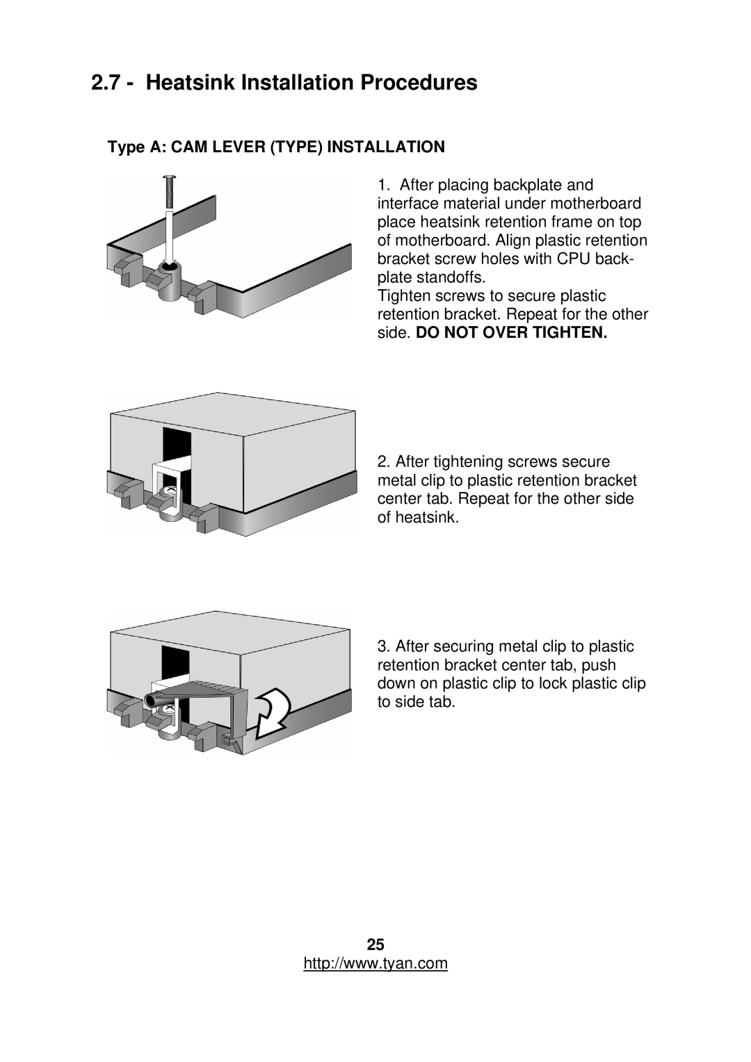 Tyan Computer S2877 warranty Heatsink Installation Procedures, Type a CAM Lever Type Installation 