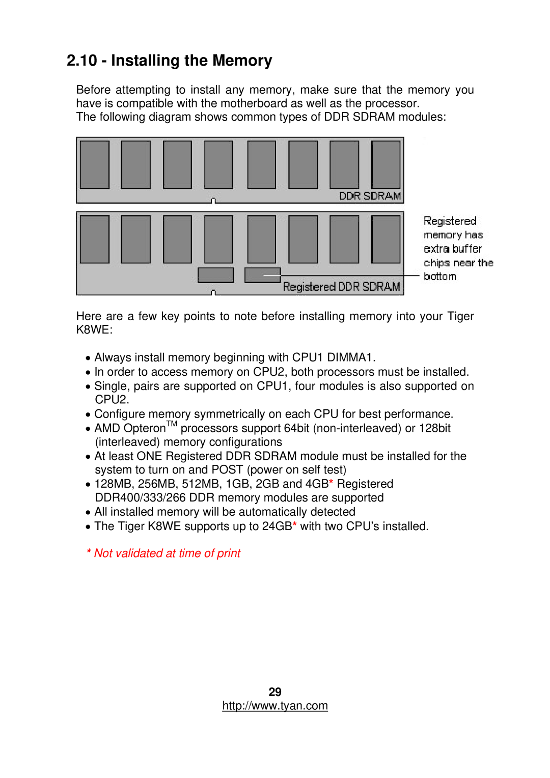 Tyan Computer S2877 warranty Installing the Memory 