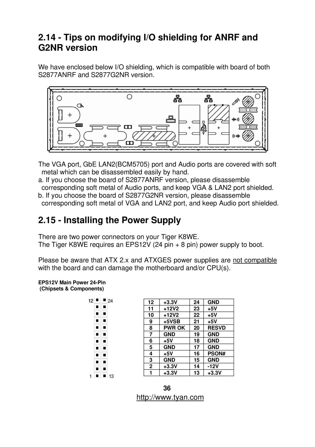 Tyan Computer S2877 warranty Tips on modifying I/O shielding for Anrf and G2NR version, Installing the Power Supply 