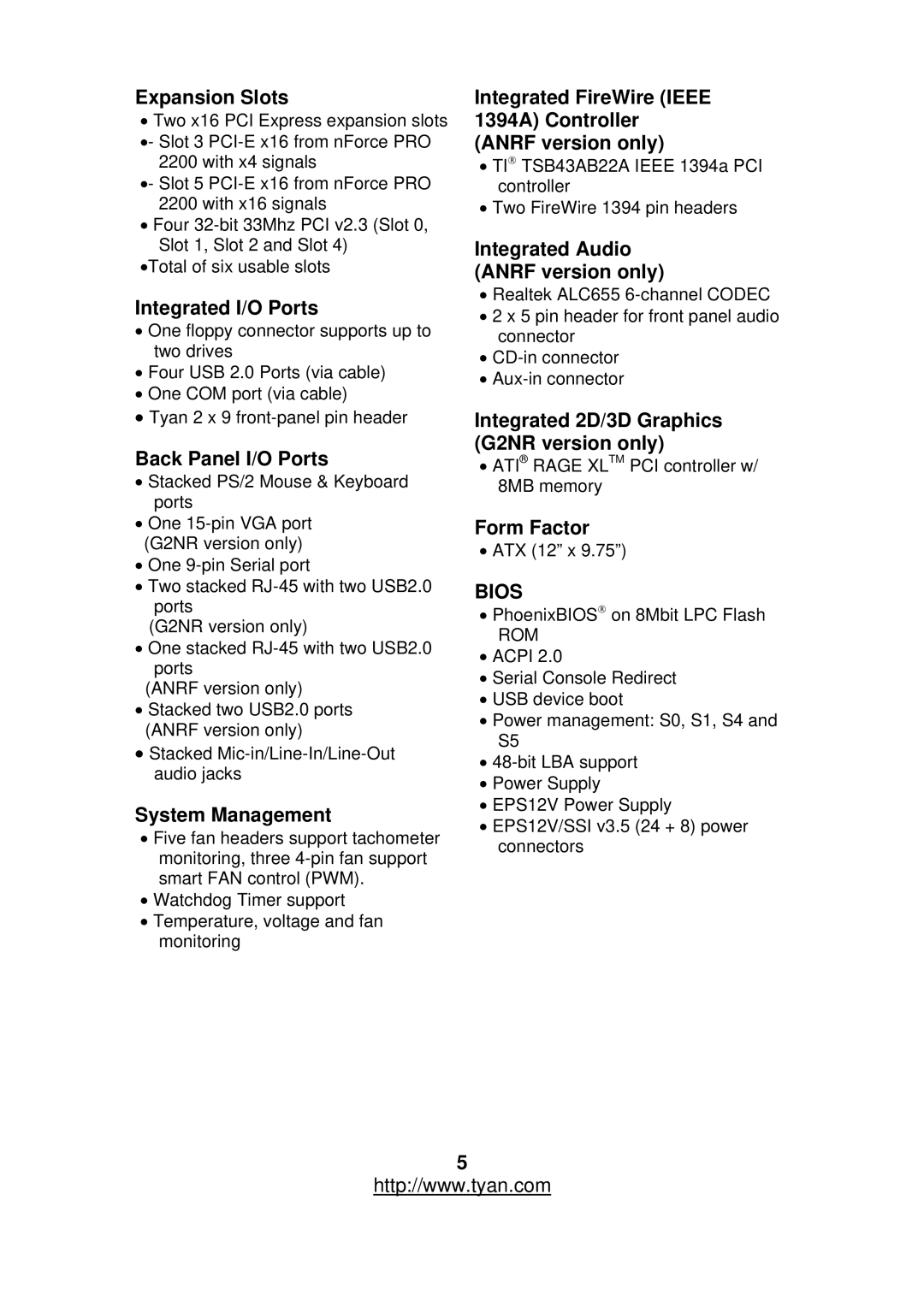 Tyan Computer S2877 warranty Expansion Slots, Integrated I/O Ports, Back Panel I/O Ports, System Management, Form Factor 