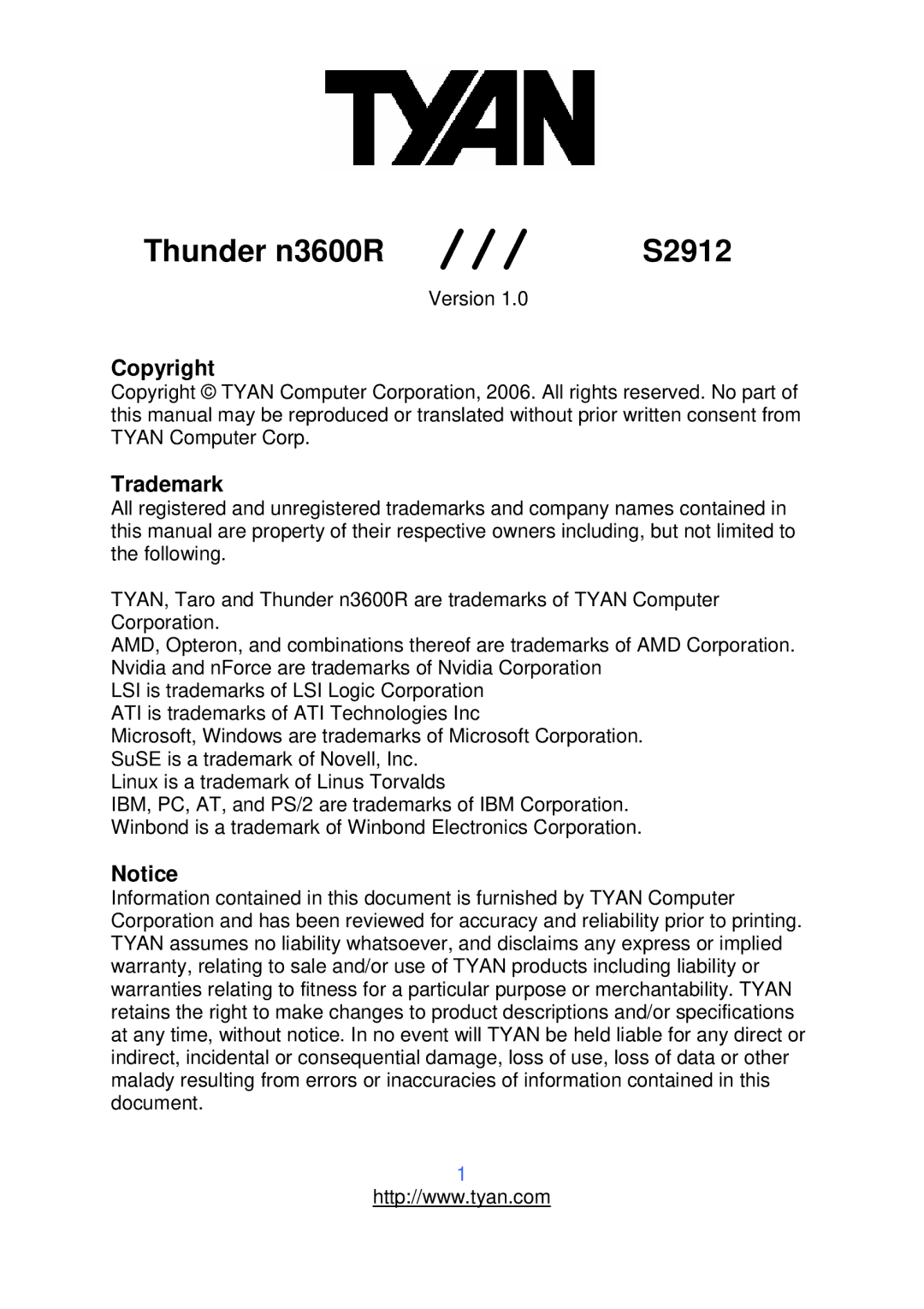 Tyan Computer S2912 warranty Thunder n3600R 