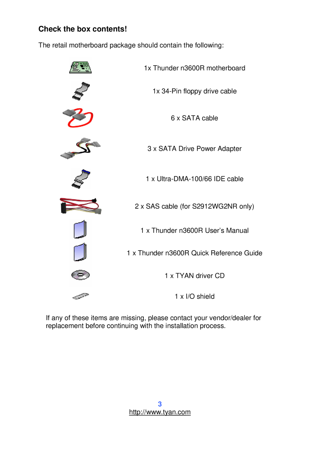 Tyan Computer S2912 warranty Check the box contents 