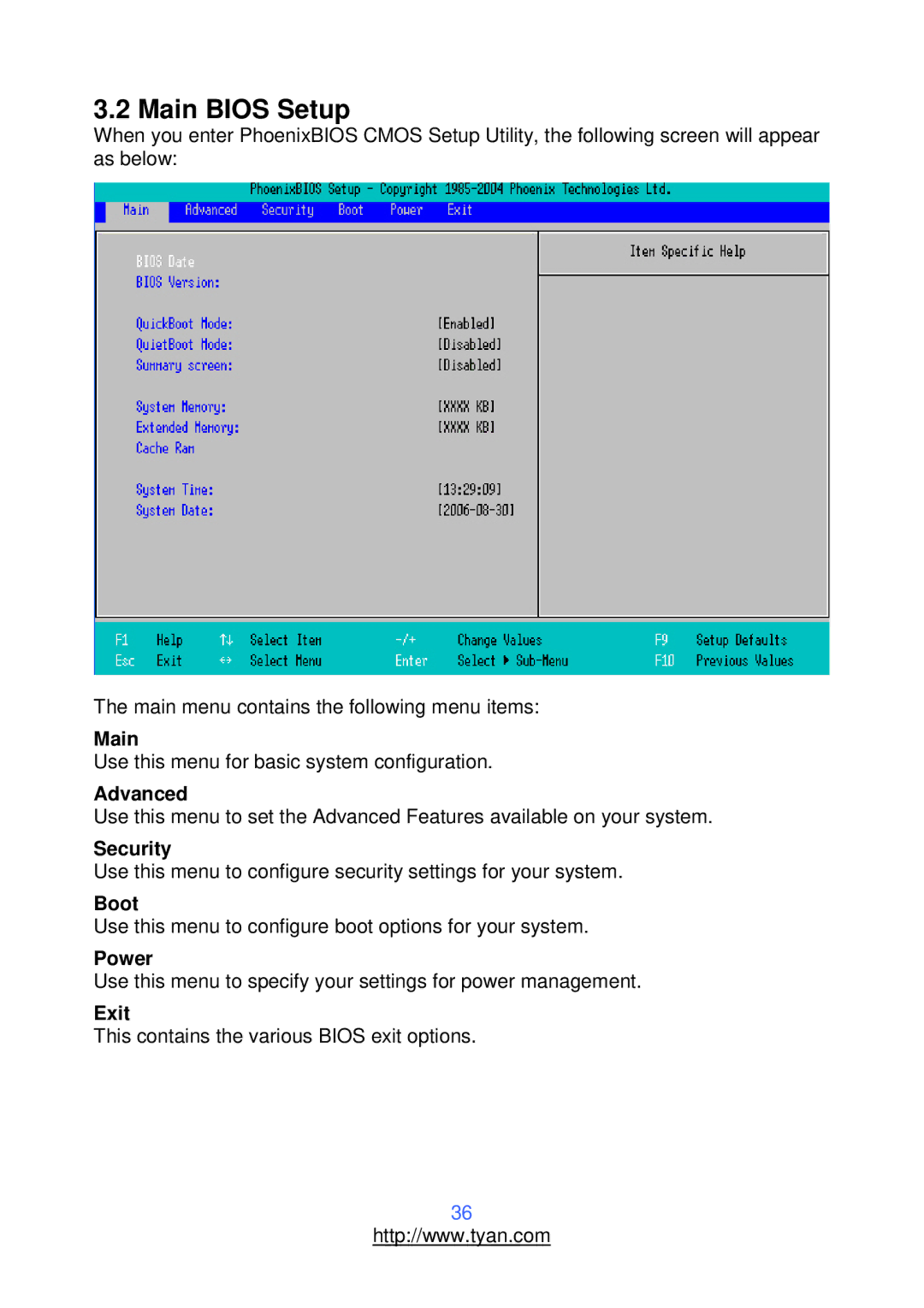 Tyan Computer S2912 warranty Main Bios Setup 