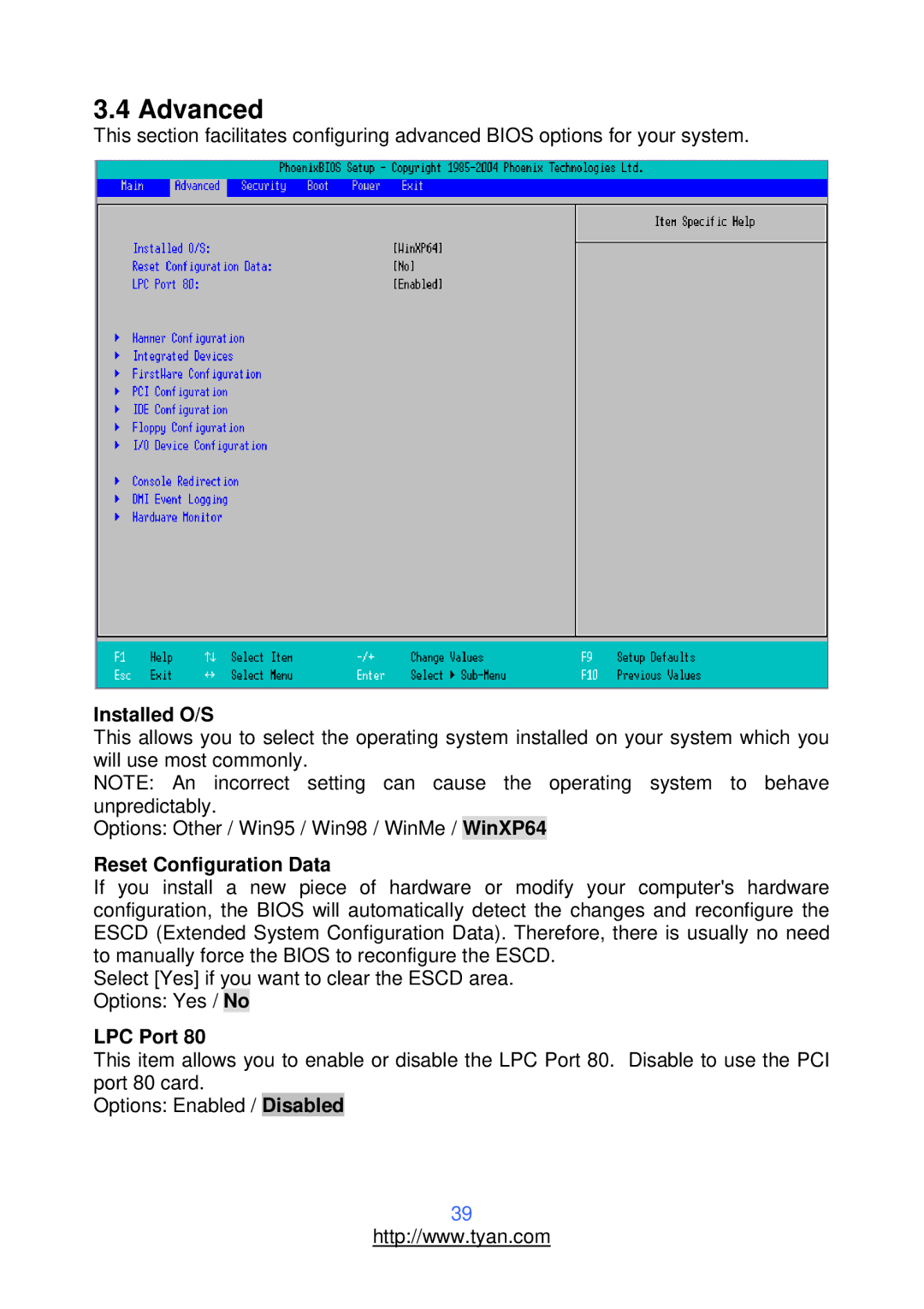 Tyan Computer S2912 warranty Advanced, Installed O/S, Reset Configuration Data, LPC Port 