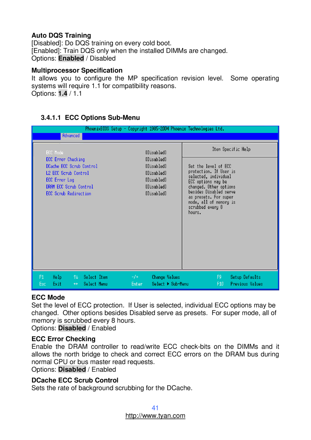 Tyan Computer S2912 Auto DQS Training, Multiprocessor Specification, ECC Options Sub-Menu ECC Mode, ECC Error Checking 