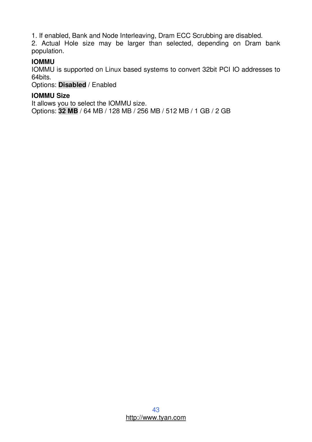 Tyan Computer S2912 warranty Iommu Size 