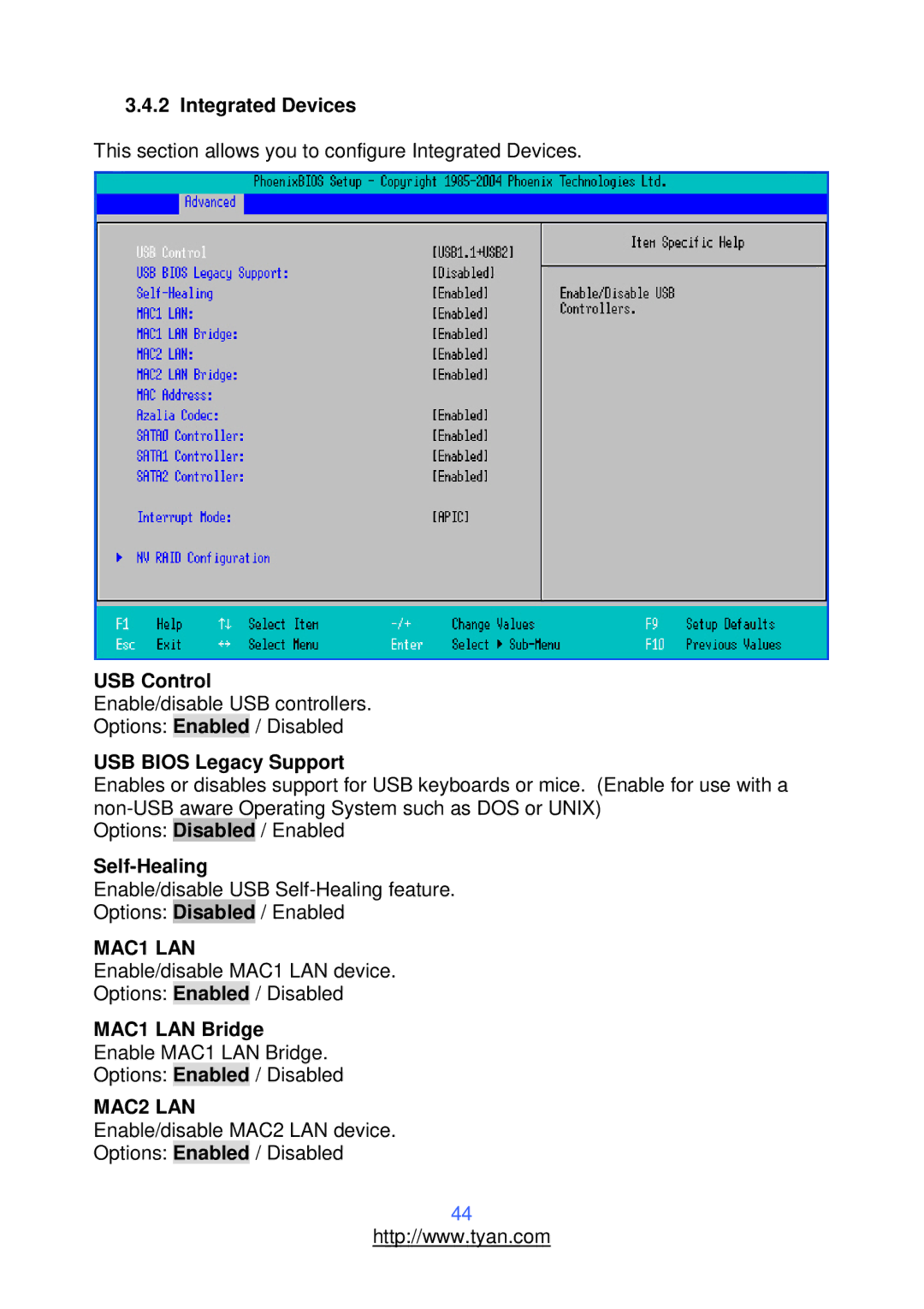 Tyan Computer S2912 warranty Integrated Devices, USB Control, USB Bios Legacy Support, Self-Healing, MAC1 LAN Bridge 