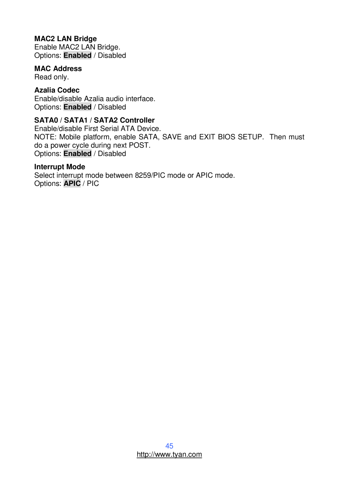 Tyan Computer S2912 warranty MAC2 LAN Bridge, MAC Address, Azalia Codec, SATA0 / SATA1 / SATA2 Controller, Interrupt Mode 