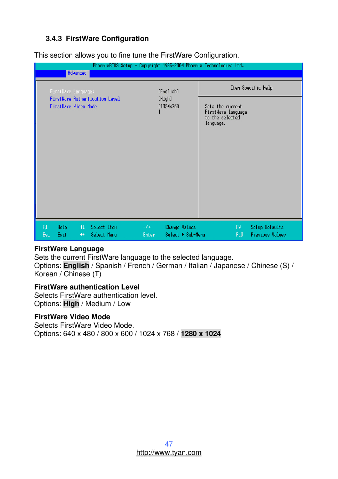 Tyan Computer S2912 warranty FirstWare Configuration, FirstWare Language 