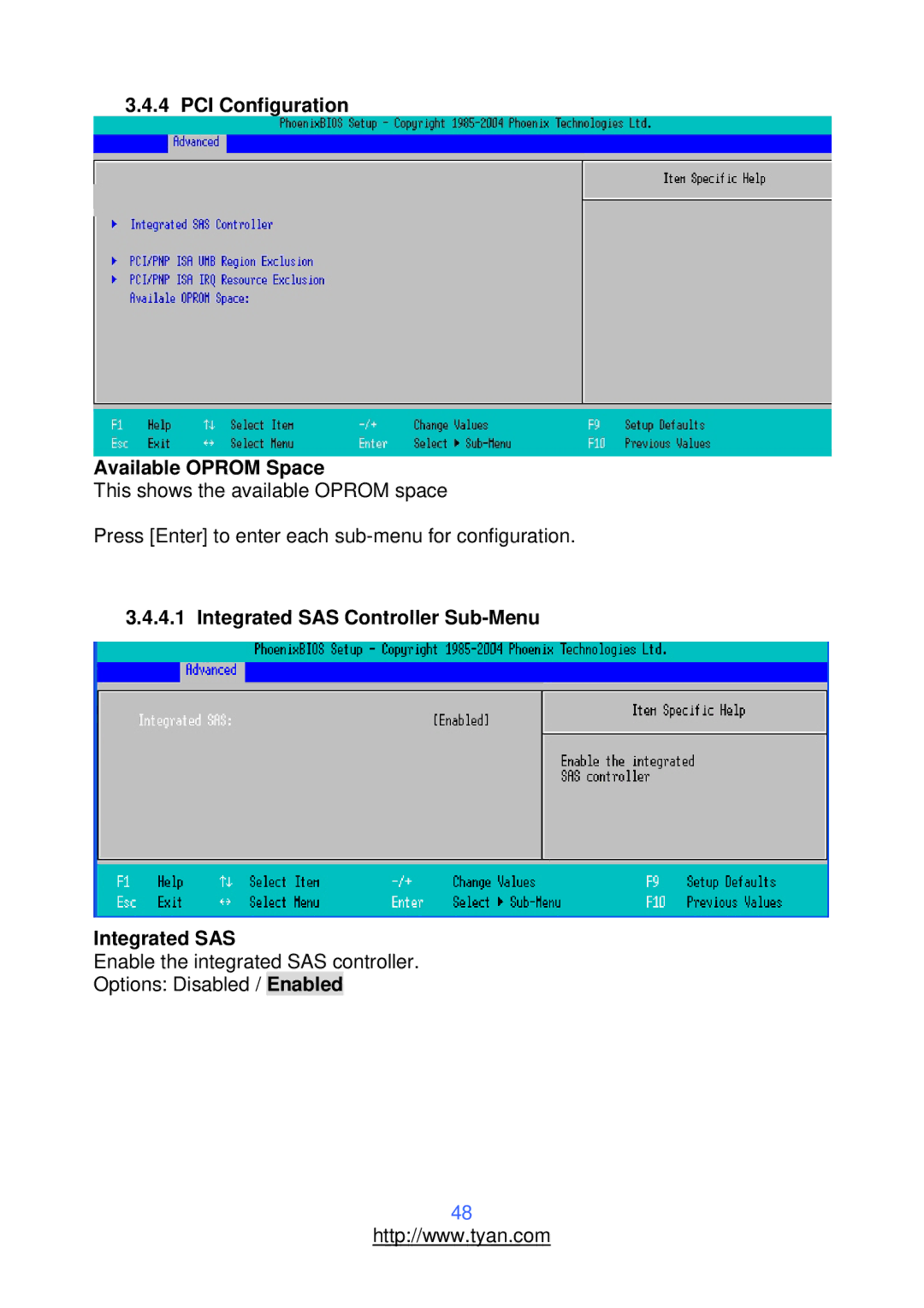 Tyan Computer S2912 warranty PCI Configuration Available Oprom Space, Integrated SAS Controller Sub-Menu 