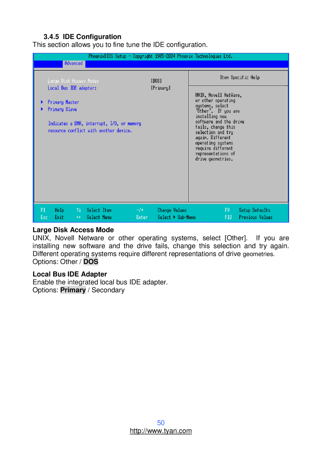 Tyan Computer S2912 warranty IDE Configuration, Large Disk Access Mode, Local Bus IDE Adapter 