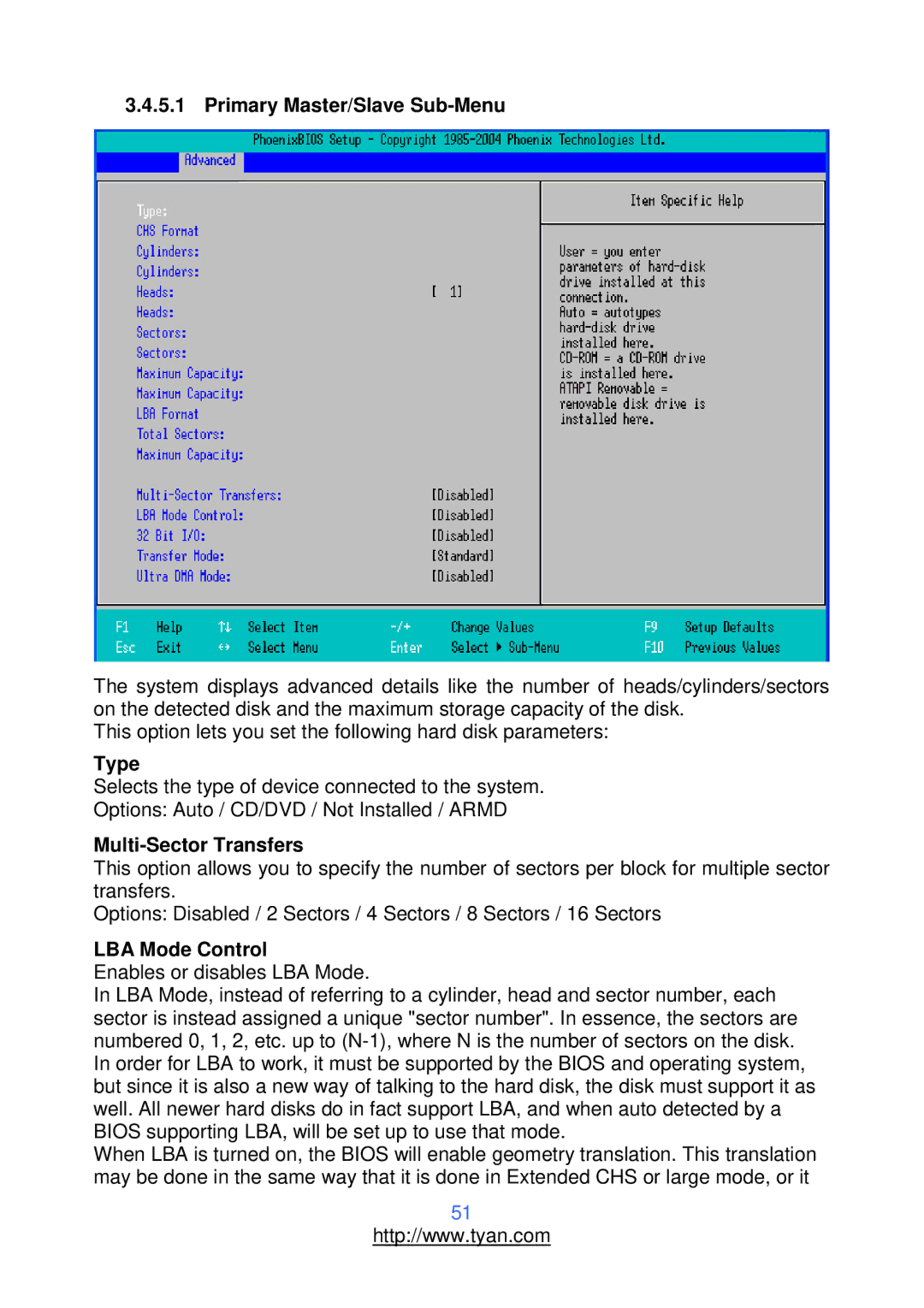 Tyan Computer S2912 warranty Primary Master/Slave Sub-Menu, Type, Multi-Sector Transfers, LBA Mode Control 