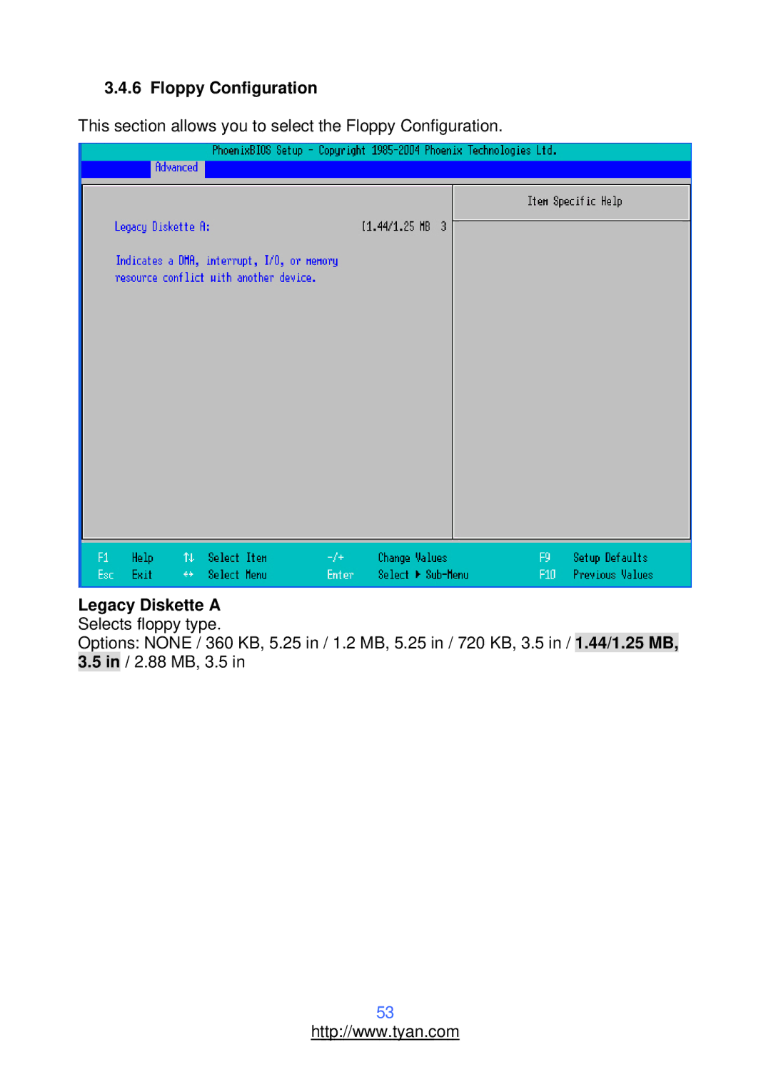 Tyan Computer S2912 warranty Floppy Configuration, Legacy Diskette a Selects floppy type 