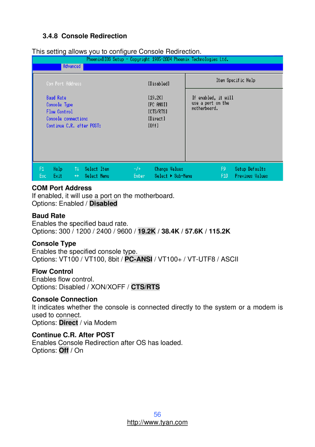 Tyan Computer S2912 Console Redirection, COM Port Address, Baud Rate, Console Type, Flow Control, Console Connection 