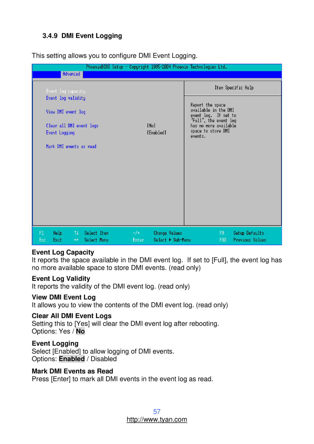 Tyan Computer S2912 DMI Event Logging, Event Log Capacity, Event Log Validity, View DMI Event Log, Mark DMI Events as Read 