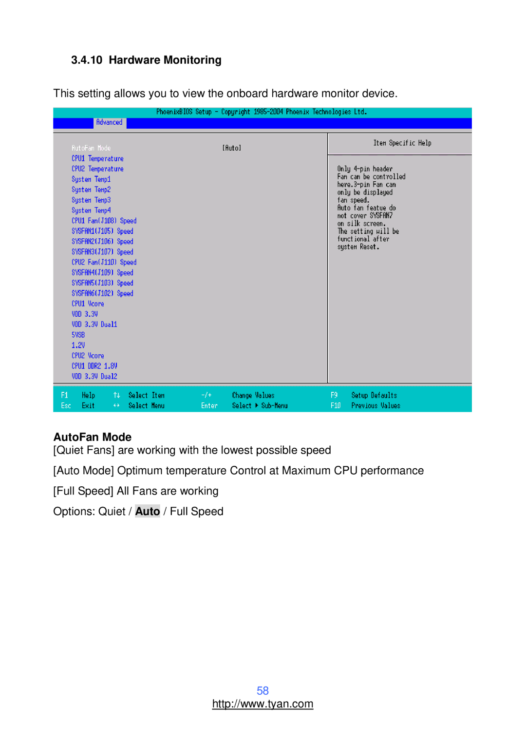 Tyan Computer S2912 warranty Hardware Monitoring, AutoFan Mode 