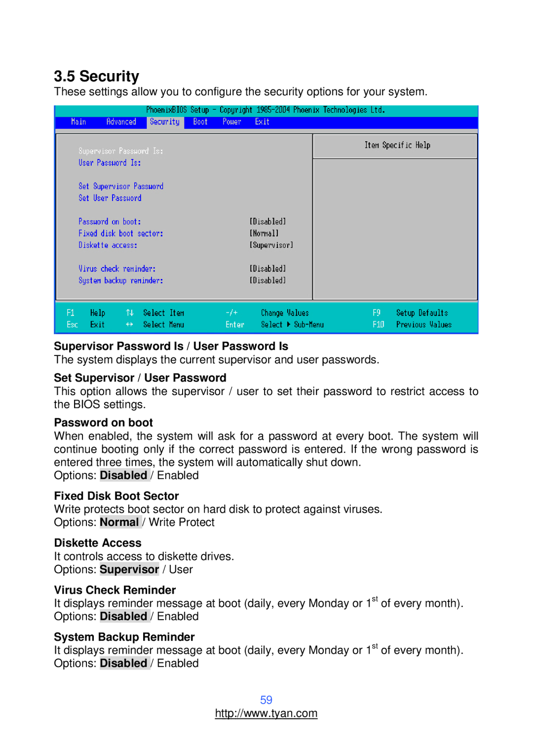 Tyan Computer S2912 warranty Security 