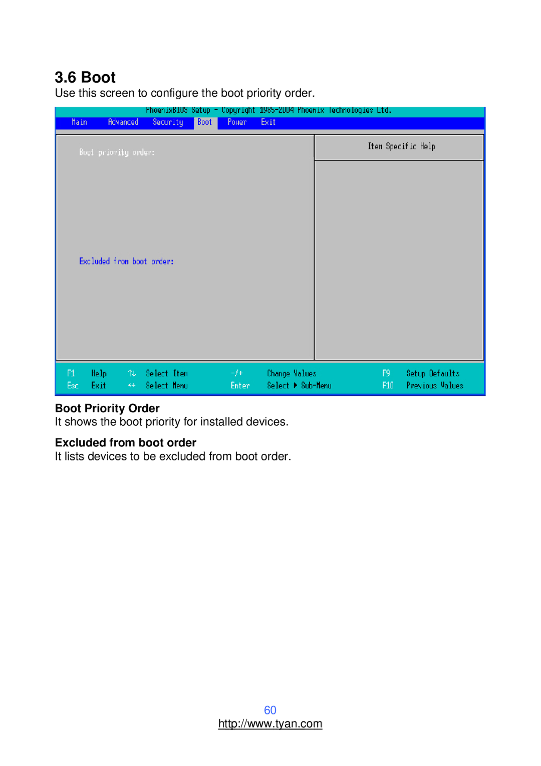 Tyan Computer S2912 warranty Boot Priority Order, Excluded from boot order 