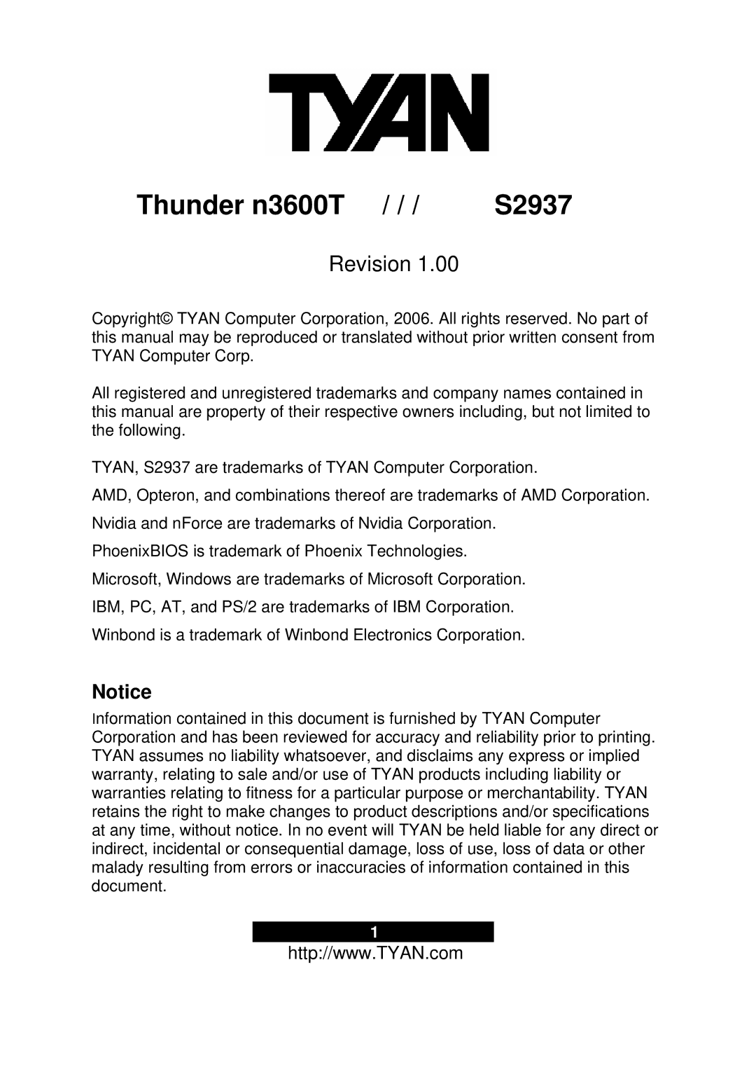 Tyan Computer N3600T, S2937 warranty Thunder n3600T 