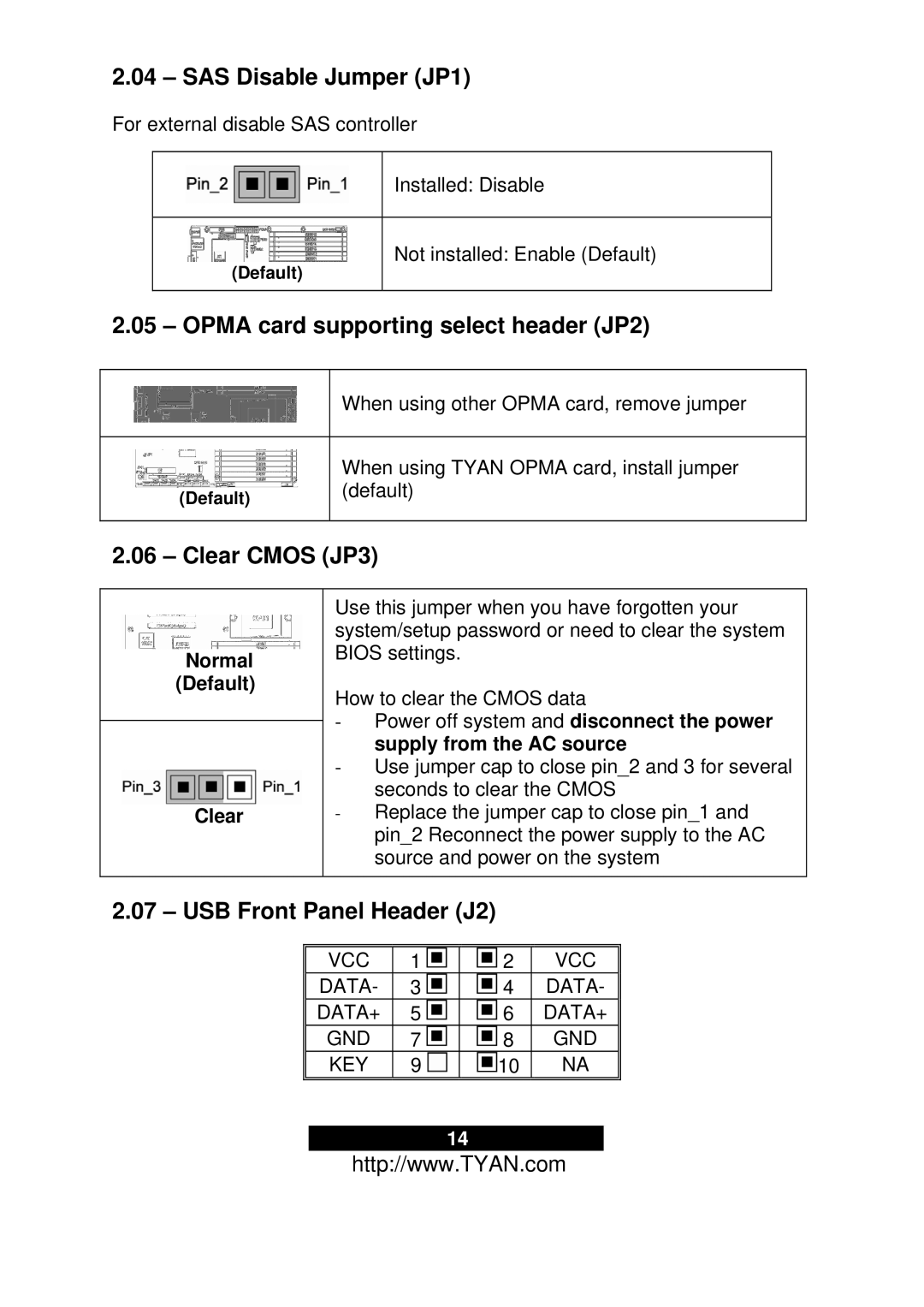 Tyan Computer S2937 SAS Disable Jumper JP1, Opma card supporting select header JP2, Clear Cmos JP3, Normal Default Clear 