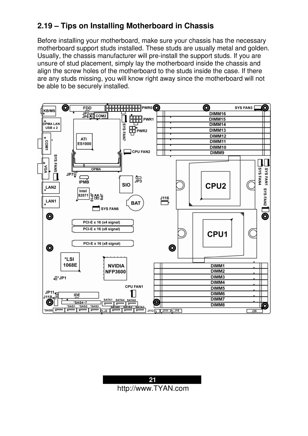 Tyan Computer N3600T, S2937 warranty Tips on Installing Motherboard in Chassis 