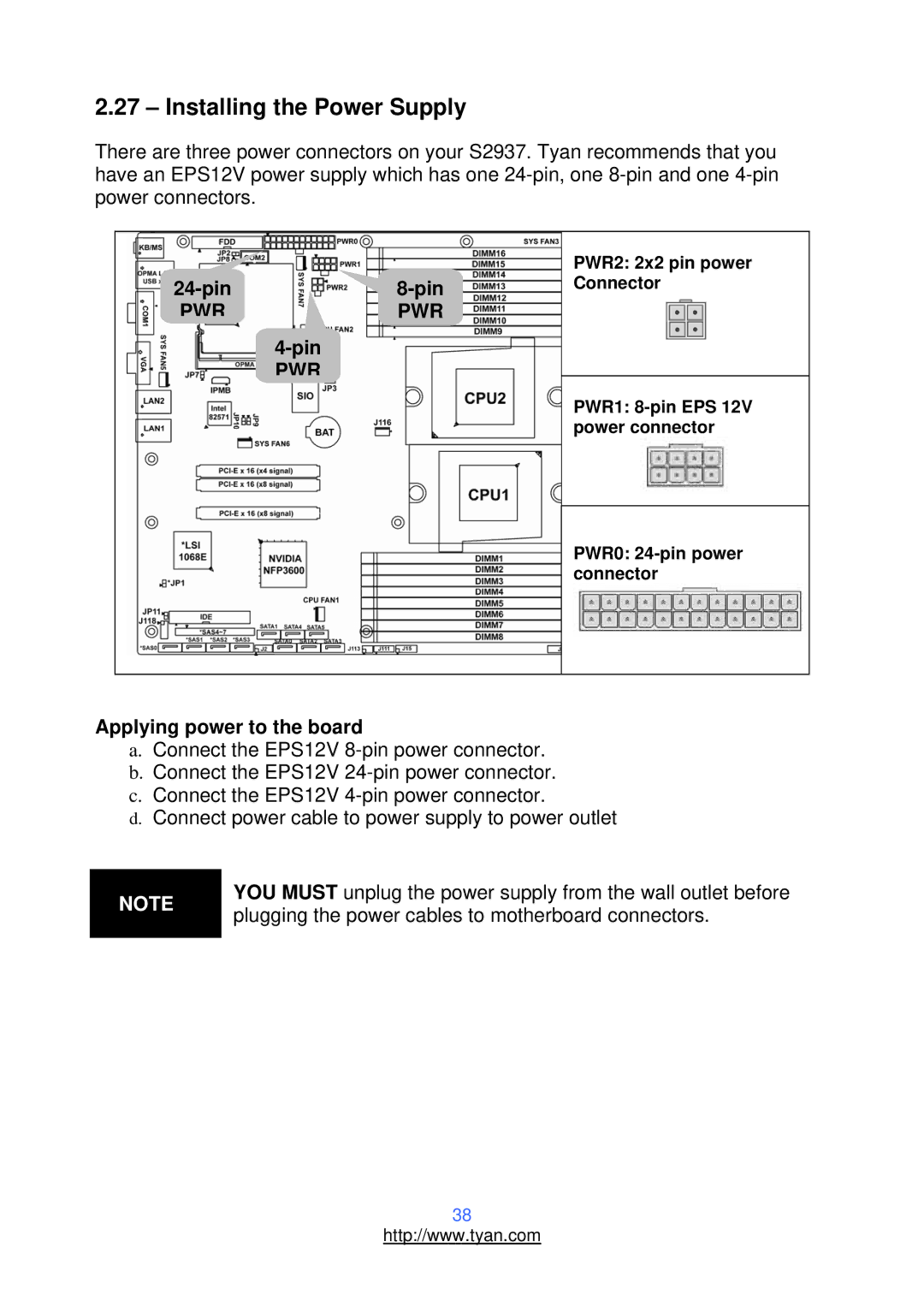 Tyan Computer S2937, N3600T warranty Installing the Power Supply, pin Pin, Applying power to the board 