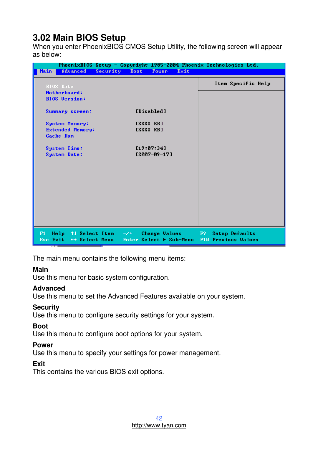 Tyan Computer S2937, N3600T warranty Main Bios Setup 