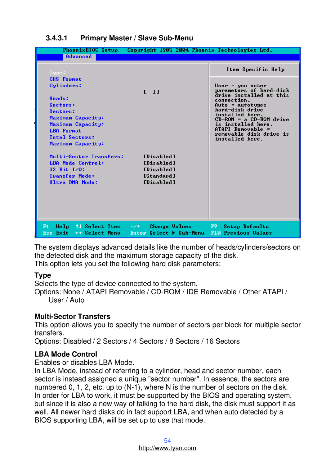 Tyan Computer S2937, N3600T warranty Primary Master / Slave Sub-Menu, Type, Multi-Sector Transfers, LBA Mode Control 