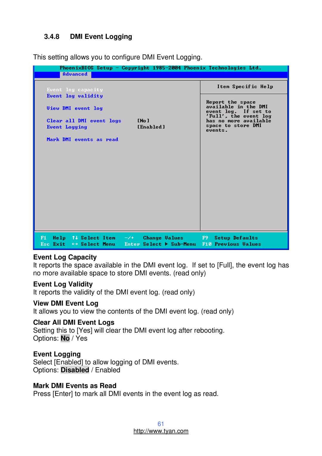 Tyan Computer N3600T, S2937 warranty DMI Event Logging, Event Log Capacity, Event Log Validity, View DMI Event Log 