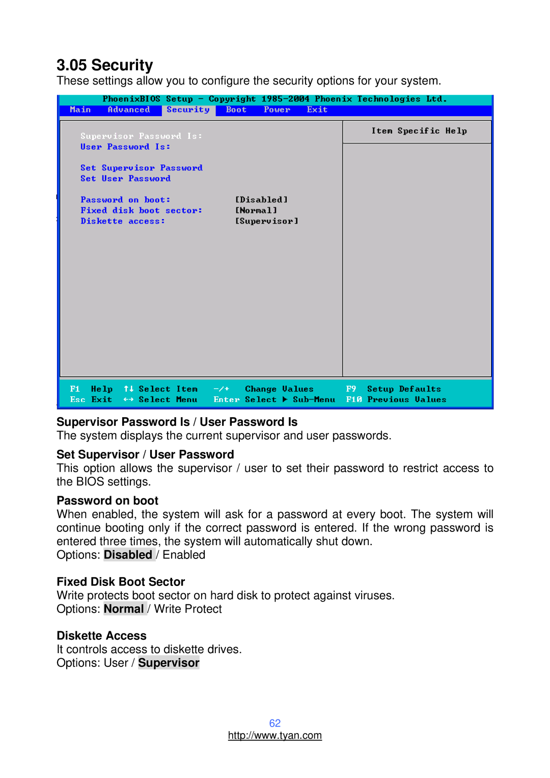 Tyan Computer S2937, N3600T warranty Security 