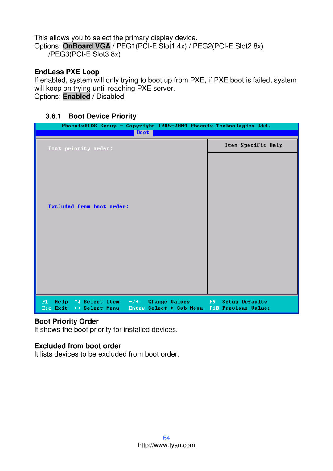 Tyan Computer S2937, N3600T warranty EndLess PXE Loop, Boot Device Priority Boot Priority Order, Excluded from boot order 