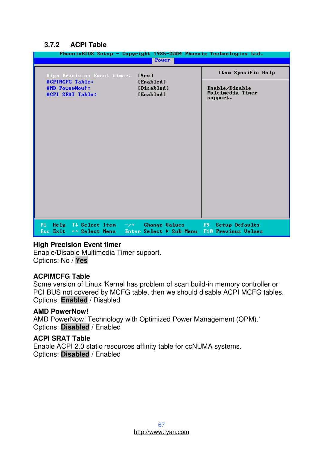 Tyan Computer N3600T, S2937 warranty Acpi Table High Precision Event timer, Acpimcfg Table, AMD PowerNow, Acpi Srat Table 