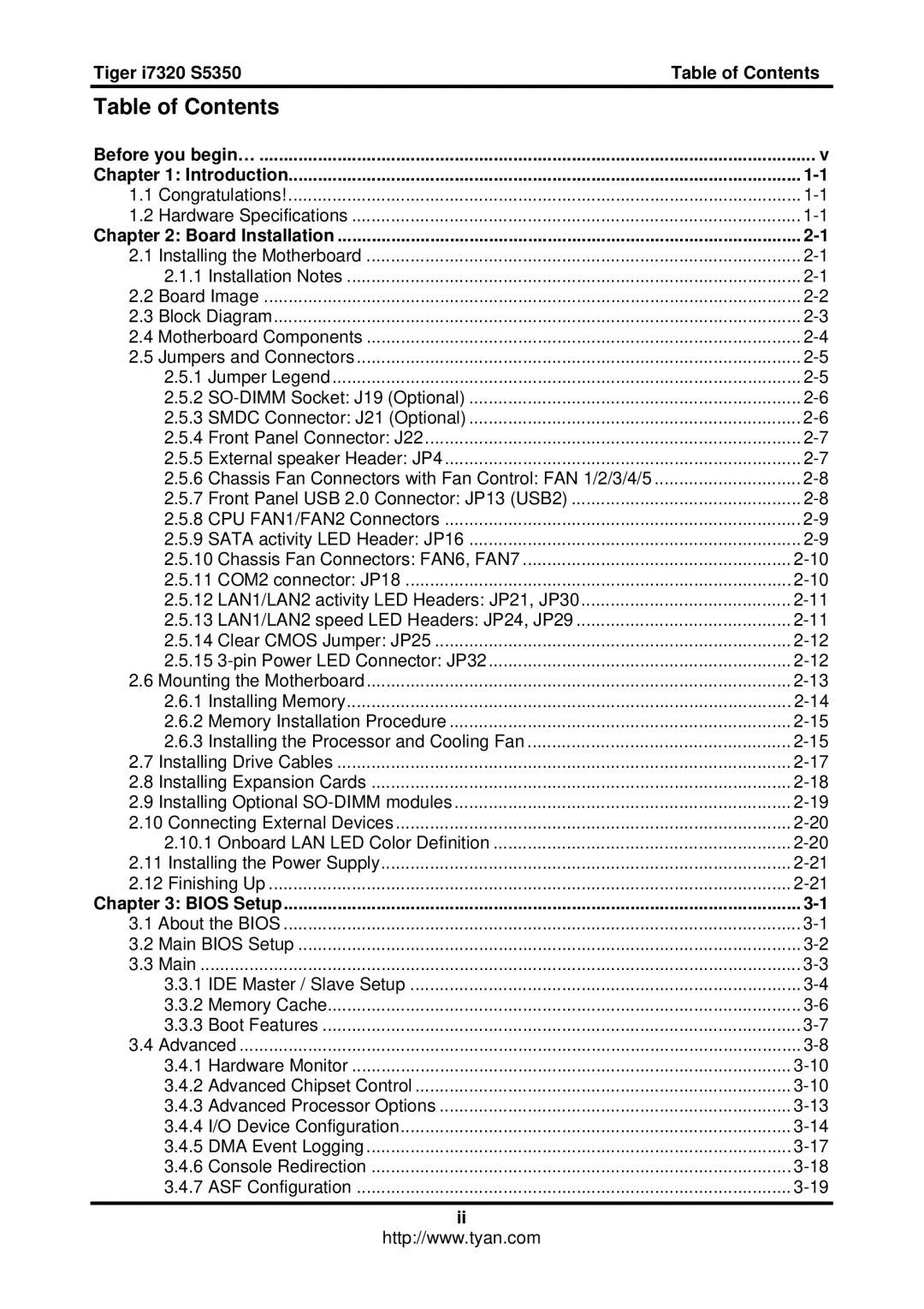 Tyan Computer S5350, I7320 user manual Table of Contents 