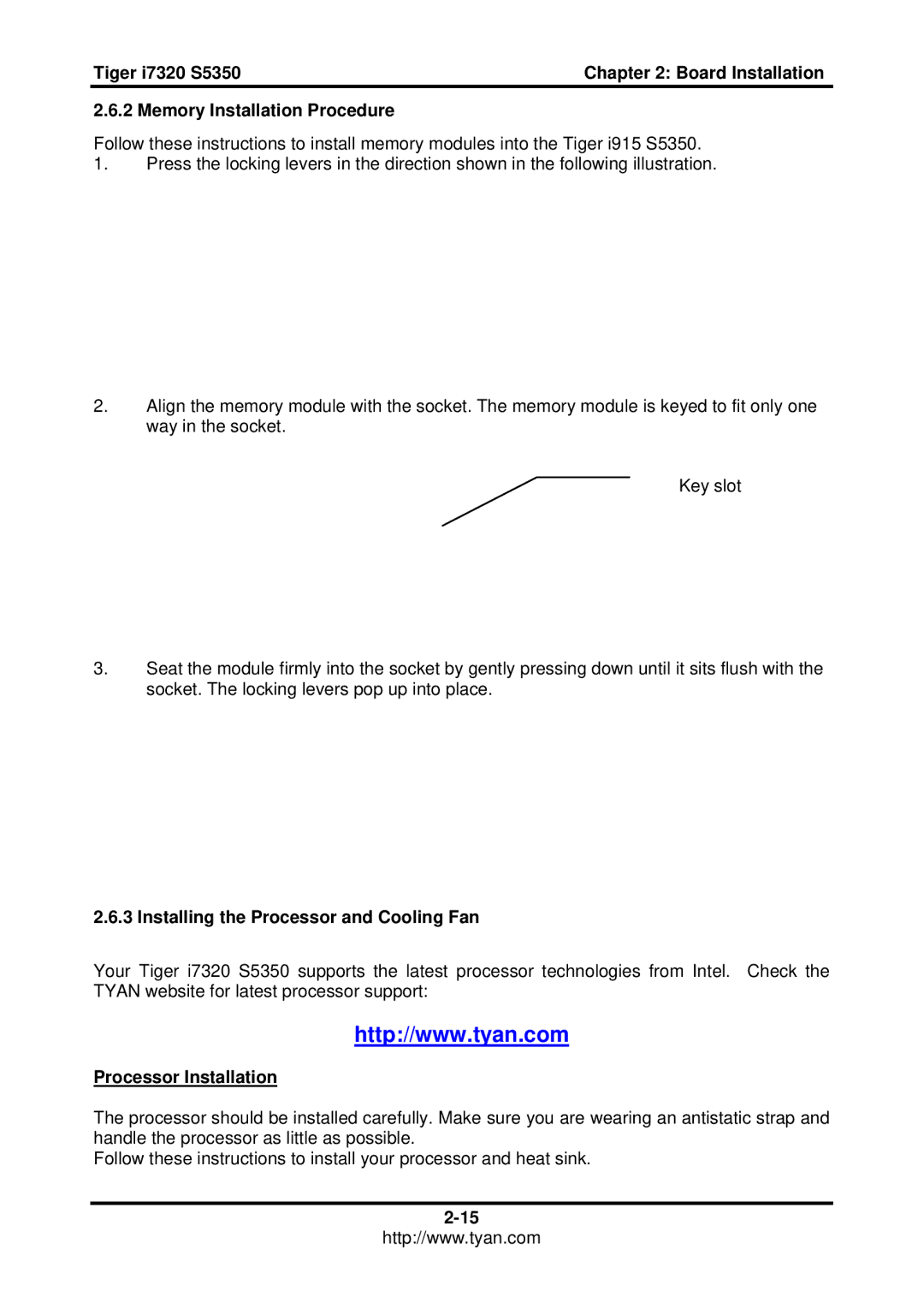 Tyan Computer S5350, I7320 Memory Installation Procedure, Installing the Processor and Cooling Fan, Processor Installation 