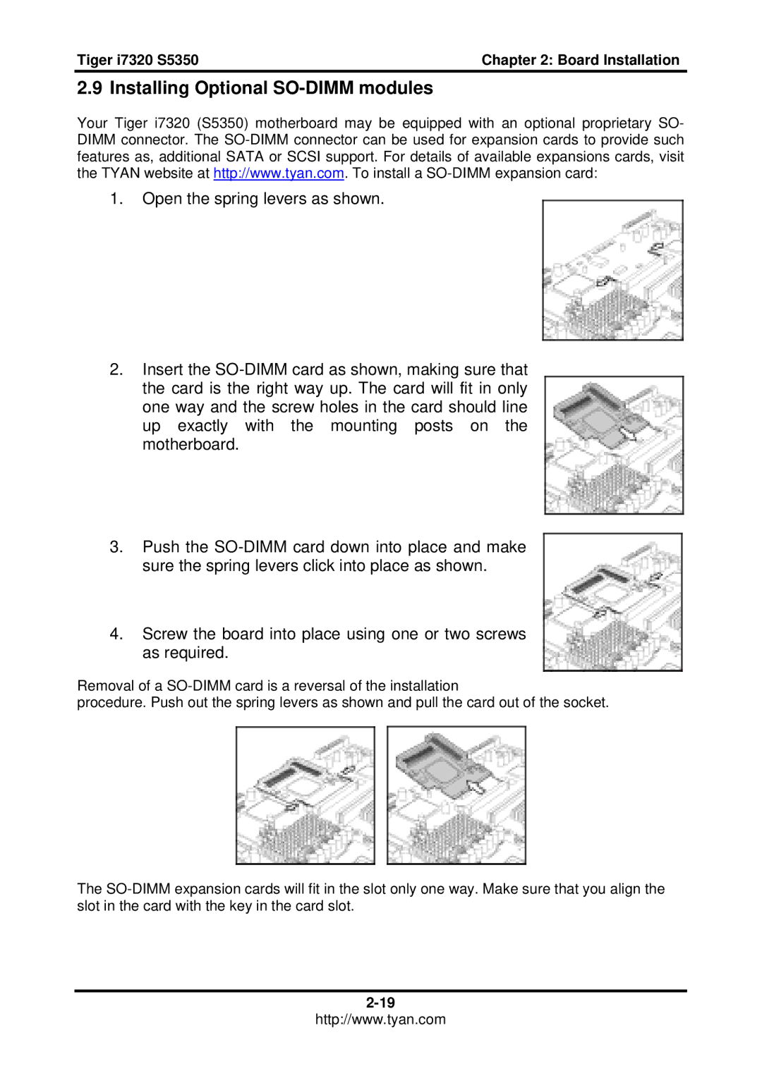 Tyan Computer S5350, I7320 user manual Installing Optional SO-DIMM modules 