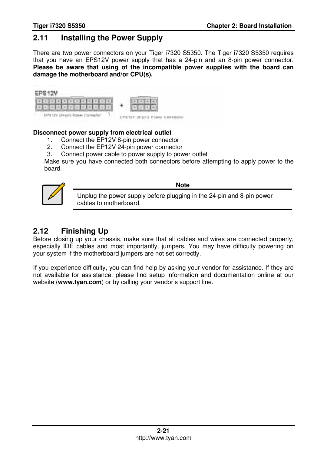 Tyan Computer S5350, I7320 user manual Installing the Power Supply, Finishing Up 