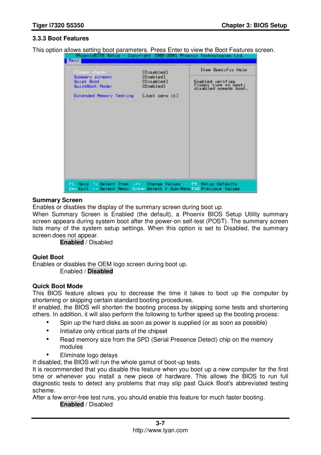 Tyan Computer I7320, S5350 user manual Boot Features, Summary Screen, Quiet Boot, Quick Boot Mode 