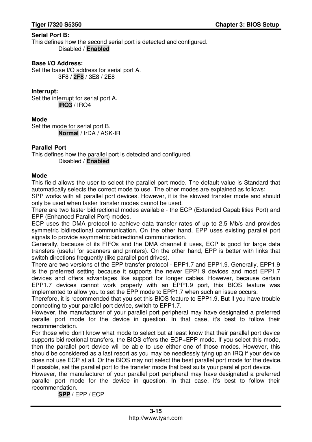 Tyan Computer I7320, S5350 user manual Serial Port B, 2F8, Mode, Parallel Port 